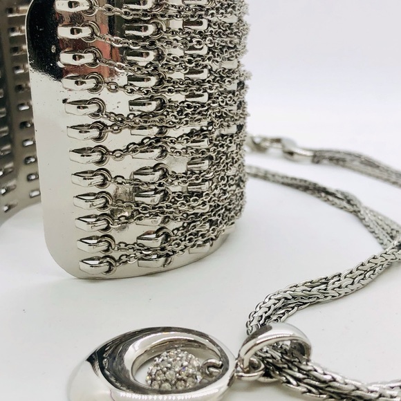 Vintage Silver Modernist Cuff Bracelet & Rhinestone Pendant necklace - Picture 7 of 13